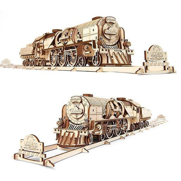 Action Toy Figures V-Express Steam Train with Tender - Mechanical Wooden Model Kit 70058