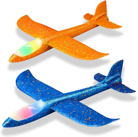 2 Pack Led Light Airplane 17.5" Large Throwing Foam Plane 2 Flight Mode Glider Plane flying Toy For Kids gifts For 3 4 5 6 7 Years Old Boy outdoor Spo Toy Airplanes