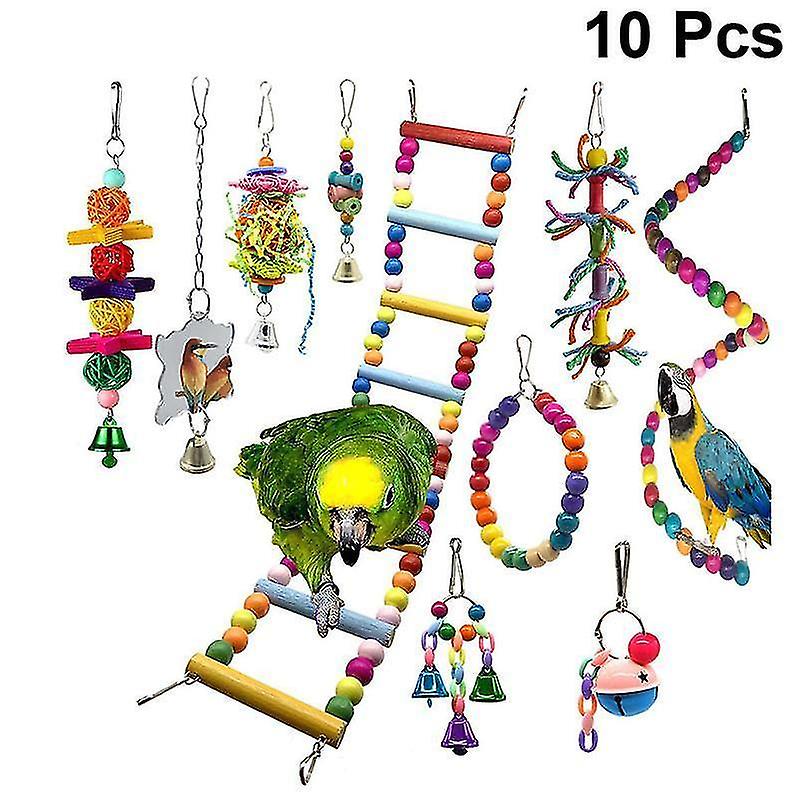 Bird toys 10pcs parrot toy wood bell creative funny ladder cage accessories bite toy chewing for bird parrot