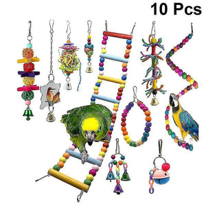 Bird toys 10pcs parrot toy wood bell creative funny ladder cage accessories bite toy chewing for bird parrot