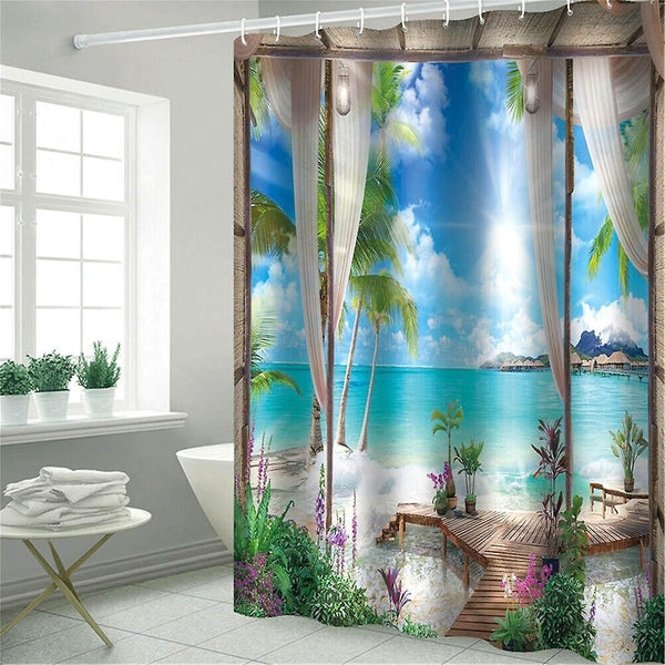 Shower curtains beach printed shower curtain sea scenery screen waterproof bathroom curtains non slip 90*180cm