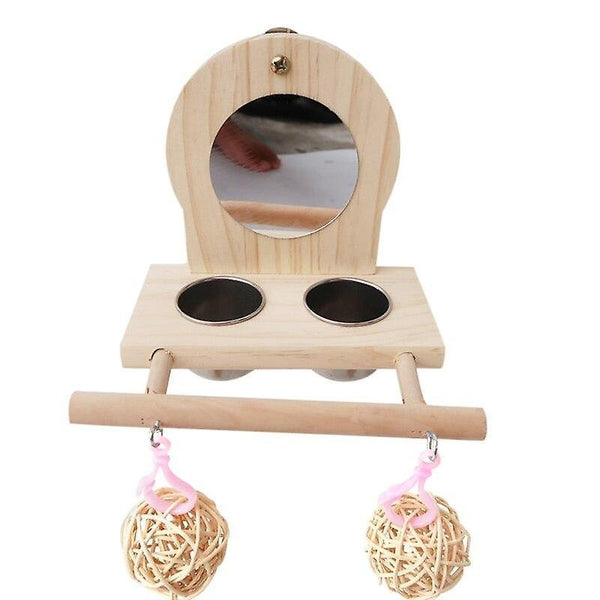 Bird Toys Parrots Mirror Play Stand Wooden Perch Playgym With Feeder Cup Bowls Rattan Ball 11UA|Bird