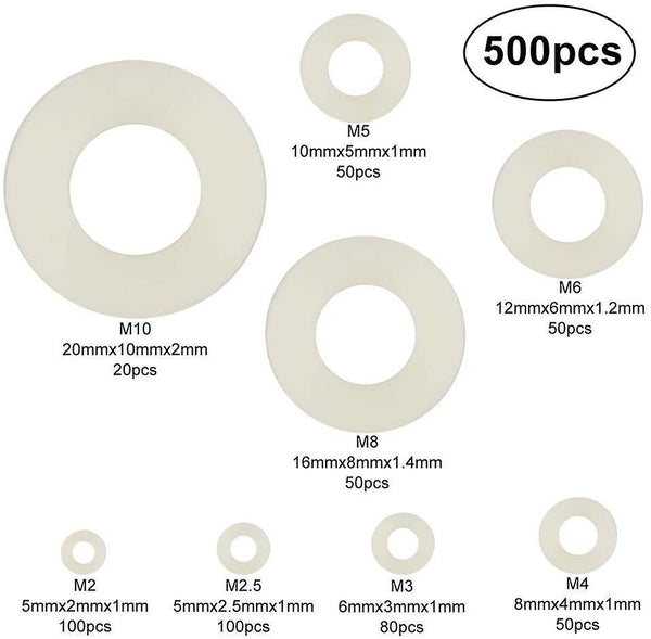 500 Pieces Plastic Washers Nylon Flat Washers Gaskets & O-Rings