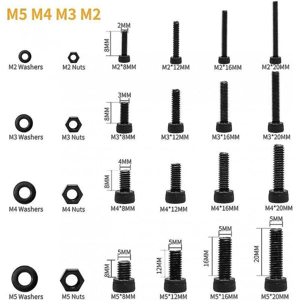 Nuts bolts kit 1225pcs m2 m3 m4 m5 carbon steel hexagon head button socket head cable bolts screws with nuts