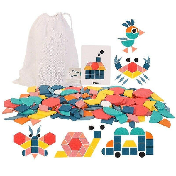 Push Pull Toys 180pcs Wooden Pattern Geometric Jigsaw Puzzles Brain Teasers Tangrams Educational Jig