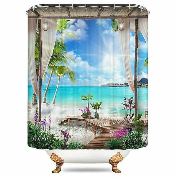 Shower curtains beach printed shower curtain sea scenery screen waterproof bathroom curtains non slip 90*180cm