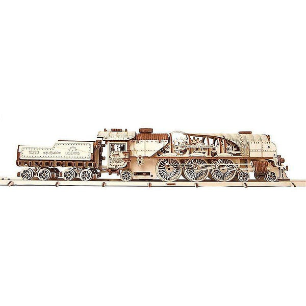 Action Toy Figures V-Express Steam Train with Tender - Mechanical Wooden Model Kit 70058