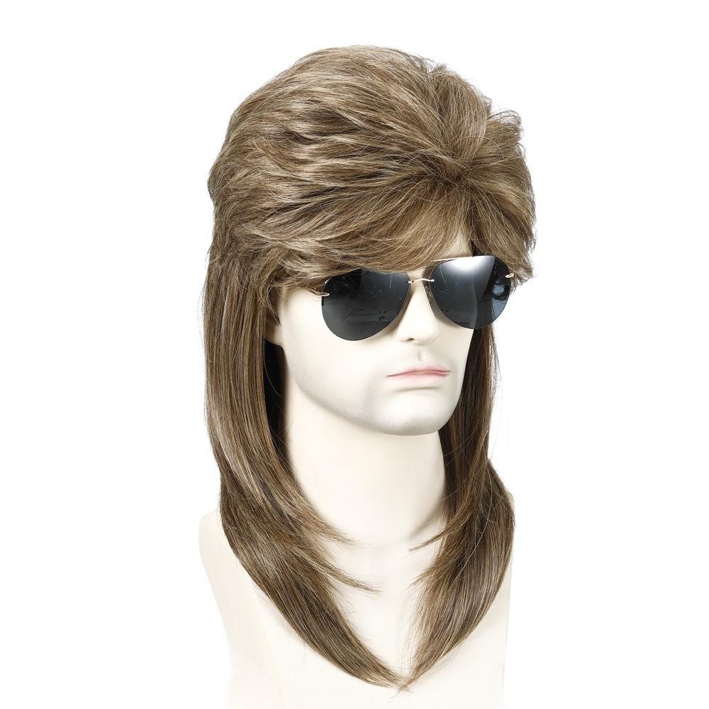 Men's Wig 70's 80's Men's Rock Party Long Curly Hair Role Halloween Play Head Cover