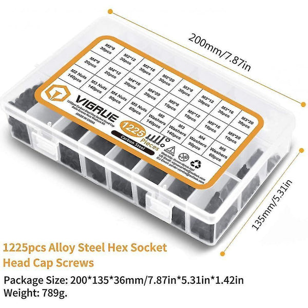 Nuts bolts kit 1225pcs m2 m3 m4 m5 carbon steel hexagon head button socket head cable bolts screws with nuts