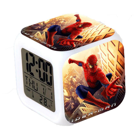 New Led Digital Thermometer Glowing Cube Alarm Clock 7 Color Changing Spider-man Square ES1177