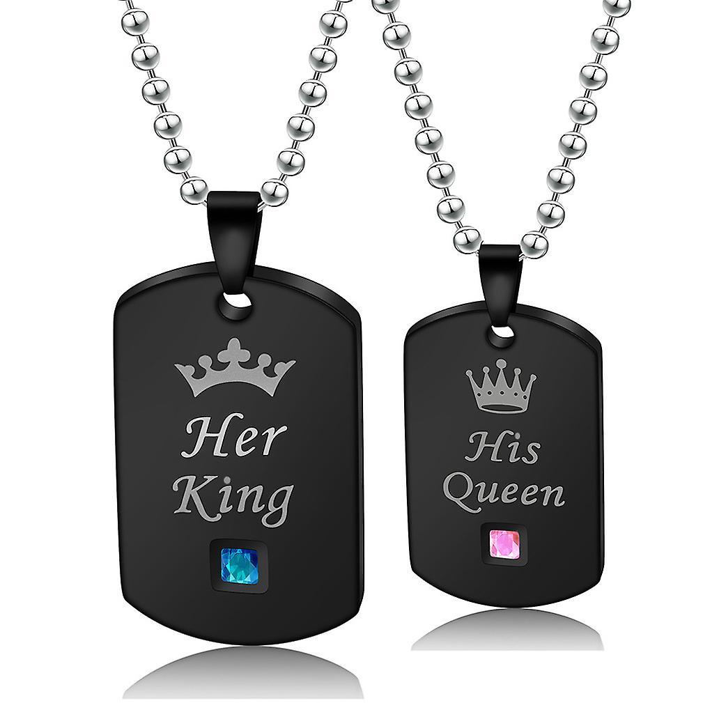 New 2pcs Necklace Square Her King His Queen Crown Couple Titanium Steel Pendant For Daily Use ES8526