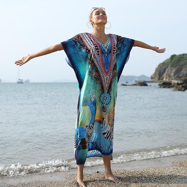 New Elastic Women Kaftan Beachwear Boho Printed Suncreen Bikini Cover Up ES11022