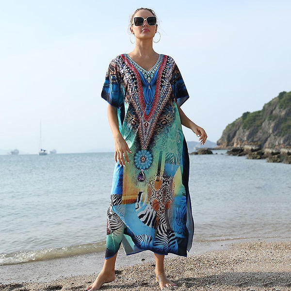 New Elastic Women Kaftan Beachwear Boho Printed Suncreen Bikini Cover Up ES11022