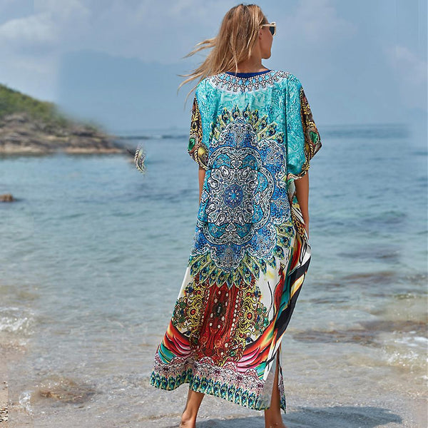 New Elastic Women Kaftan Beachwear Printed Dress Suncreen Bikini Cover Up ES11278