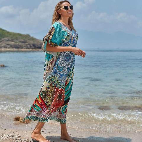 New Elastic Women Kaftan Beachwear Printed Dress Suncreen Bikini Cover Up ES11278