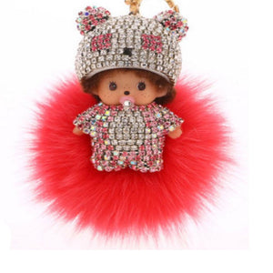 New Monchichi Kiki Keychain Key Ring Diamond Crystal Plush Keychain ES12587