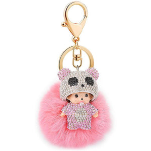 New Monchichi Kiki Pearl Chain Wool Ball Fluffy Car Key Chain Key Ring Bag Pendant Pink ES12688