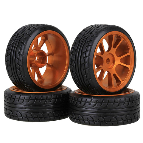 4xRC1:10 On-Road Car 62mm OD Plastic Drift Tyre & Gold Alloy 10-Spoke Wheel RimWS1118