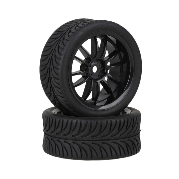 4xRC1:10 On Road Car Black 12-Spoke Alloy Wheel Rim & Black Leaves Rubber TyreWS1574