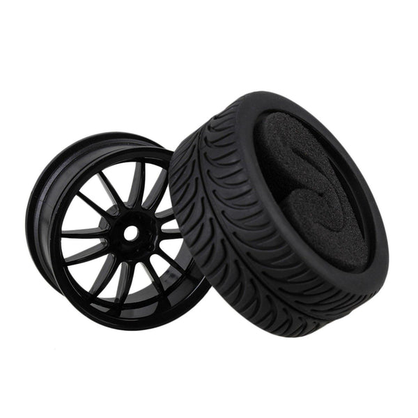 4xRC1:10 On Road Car Black 12-Spoke Alloy Wheel Rim & Black Leaves Rubber TyreWS1574