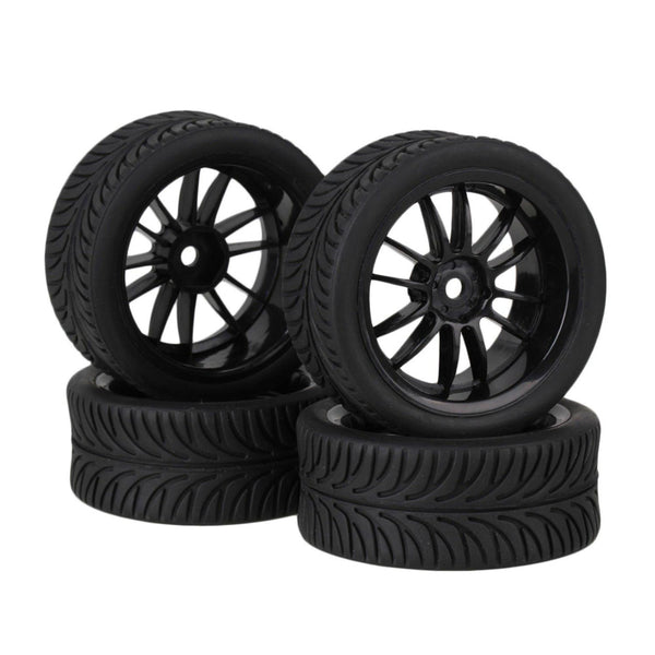 4xRC1:10 On Road Car Black 12-Spoke Alloy Wheel Rim & Black Leaves Rubber TyreWS1574