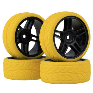 For RC 1:10 Yellow Arrow Rubber Tyre & Black Pentagram Wheel Rim Pack of 4 WS3624