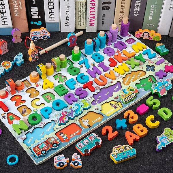 Wooden Number Puzzles Toddlers Montessori Toys for Kids Letter Vehicle Fishing Counting BlocksWS11773