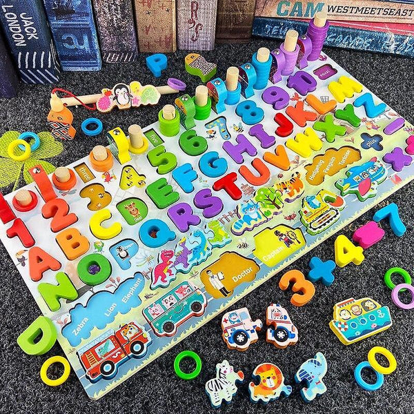 Wooden Number Puzzles Toddlers Montessori Toys for Kids Letter Vehicle Fishing Counting BlocksWS11773