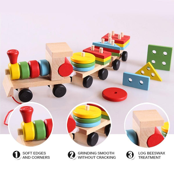 Wood Train Truck Set Geometric Sorting Board Montessori Kids Educational Toy StackedWS11877