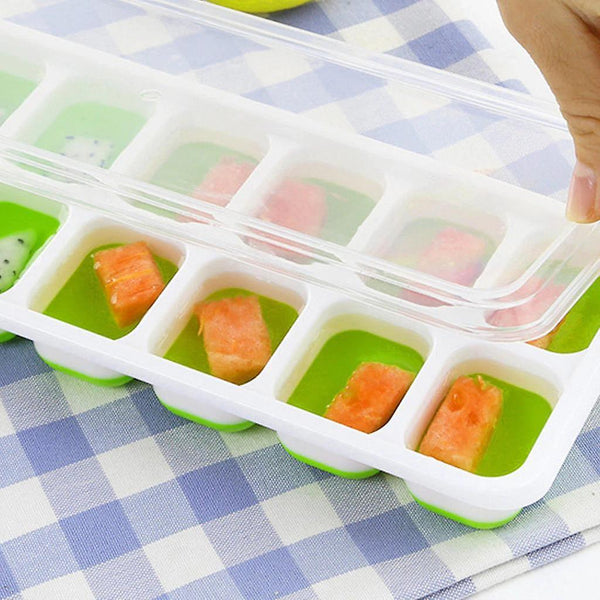 For 25cm 14 Grid Food Grade Ice Tray Home With Lid DIY Ice Cube Mold 4Pc Covered Ice Mould(Green) WS12956