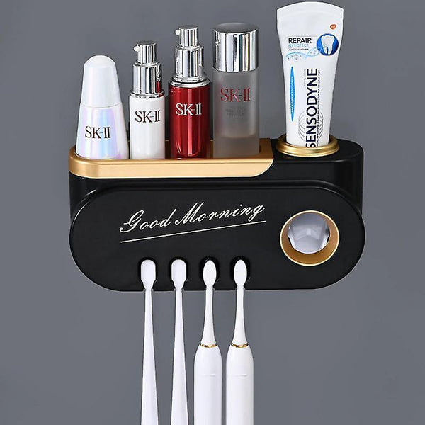 For black Wall Mounted Toothbrush Holder Automatic Toothpaste Dispener Squeezer Makeup Rack Organizer WS14435