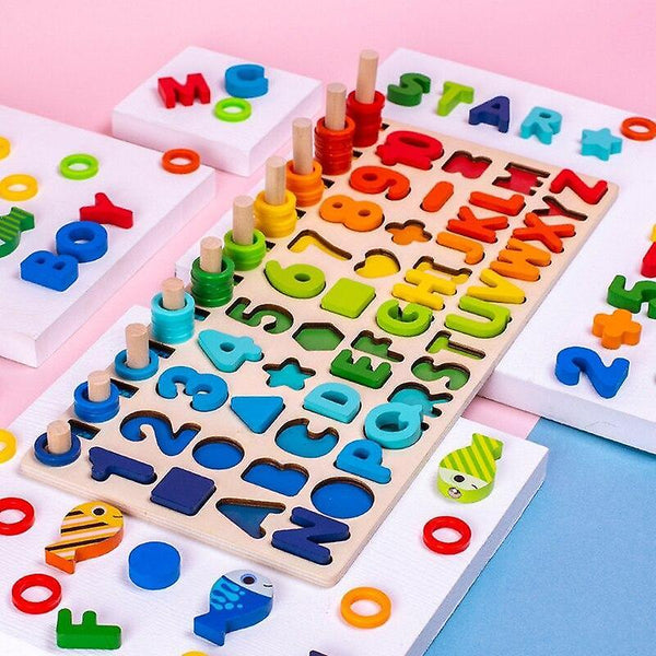 Wooden Montessori Toys for Toddlers 5 in 1 Puzzle Sorting Math Stacking & Counting Fishing GameWS14943