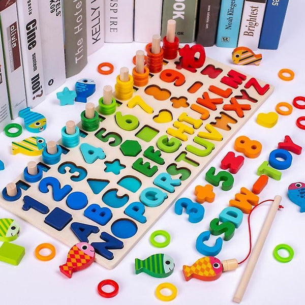 Wooden Montessori Toys for Toddlers 5 in 1 Puzzle Sorting Math Stacking & Counting Fishing GameWS14943