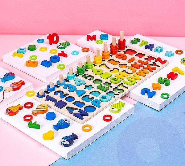 Wooden Montessori Toys for Toddlers 5 in 1 Puzzle Sorting Math Stacking & Counting Fishing GameWS14943