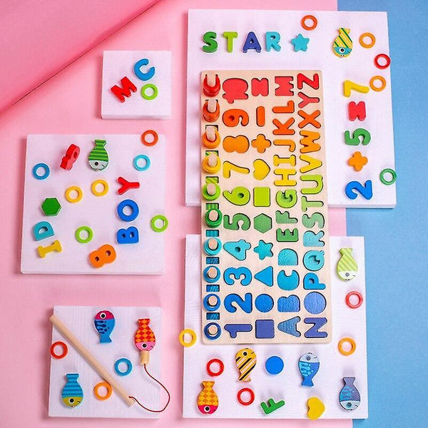 Wooden Montessori Toys for Toddlers 5 in 1 Puzzle Sorting Math Stacking & Counting Fishing GameWS14943