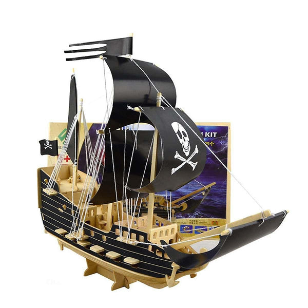 3D Pirate Boat Model DIY Wooden Kit Ship Wooden Model Puzzle Educational Children|Blocks(Black)WS15233