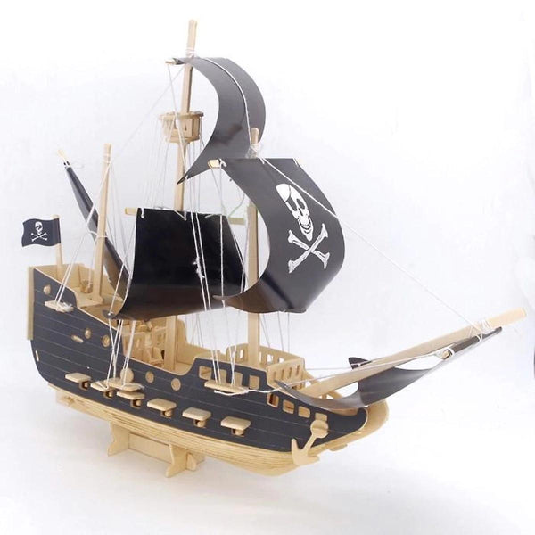 3D Pirate Boat Model DIY Wooden Kit Ship Wooden Model Puzzle Educational Children|Blocks(Black)WS15233