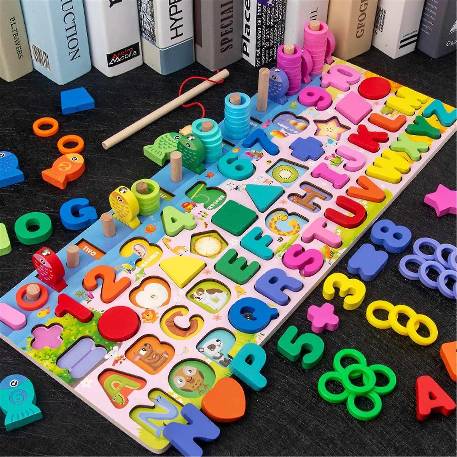 Kids Wooden Puzzle Alphabet Sorting Fishing Game Toy Educational Math Stacking Montessori Toys|WS16669