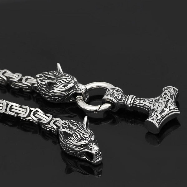 For Men stainless steel Wolf head norse viking amulet thor hammer pendant necklace viking king chain WS19376