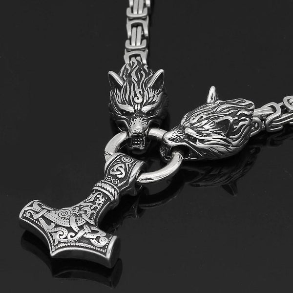 For Men stainless steel Wolf head norse viking amulet thor hammer pendant necklace viking king chain WS19376