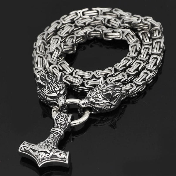 For Men stainless steel Wolf head norse viking amulet thor hammer pendant necklace viking king chain WS19376