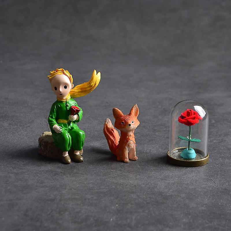 3pcs Lovely The Little Prince Rose Fox Resin Figurine Collection Home Desktop DecorationWS24611