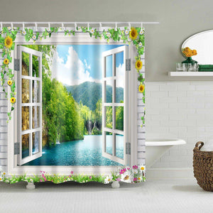 For Waterproof Polyester Fabric Bathroom Shower Curtain Beach Scenery Window View Bath (120*180cm) WS23524