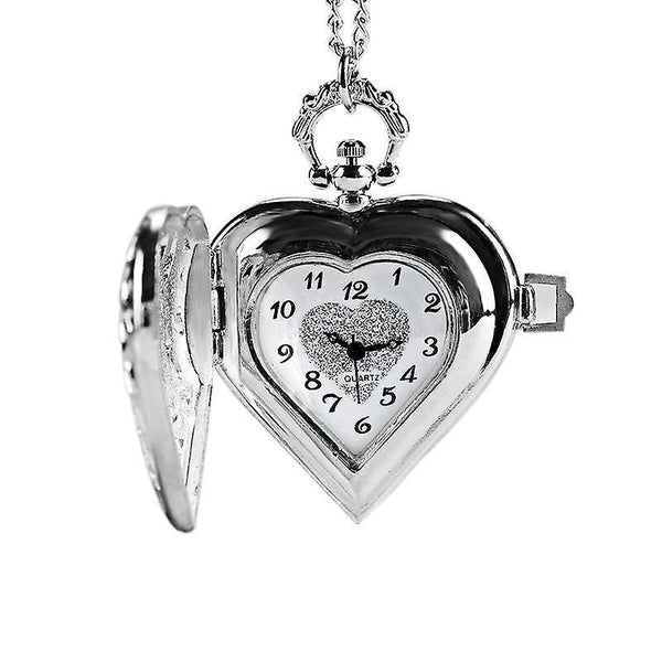 DEFFRUN Silver Heart Shape Hollow Quartz Pocket WatchWS32285