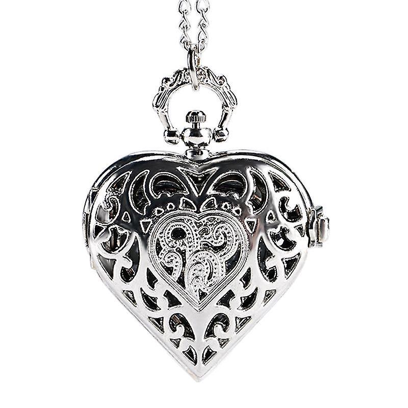 DEFFRUN Silver Heart Shape Hollow Quartz Pocket WatchWS32285