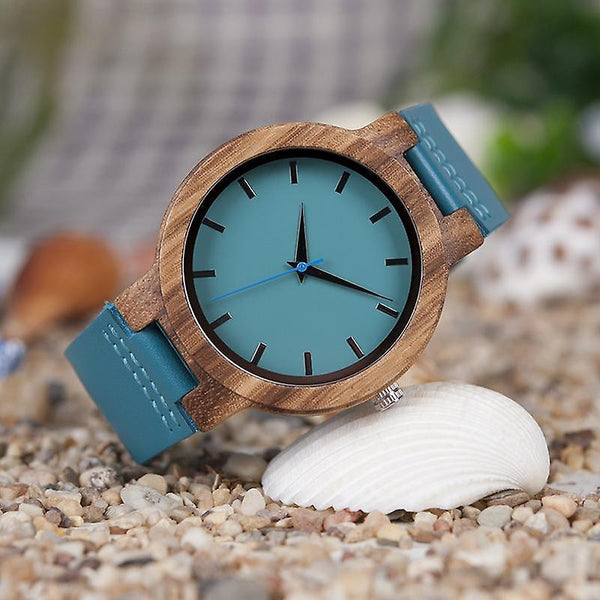 Casual BOBO BIRD C28 Casual Wooden Watch Blue Genuine Leather Strap Quartz Watch