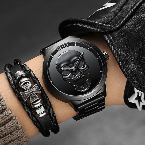 Casual GIMTO GM244 Men Watch Skull Pattern Steel Watch Band Male Quartz Wrist Watch