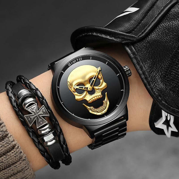 Casual GIMTO GM244 Men Watch Skull Pattern Steel Watch Band Male Quartz Wrist Watch