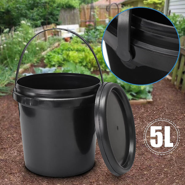 5L Plastic Round Water Bucket Hydroponics System DWC Black Thick Chemical Barrel with Lid HandleWS40699