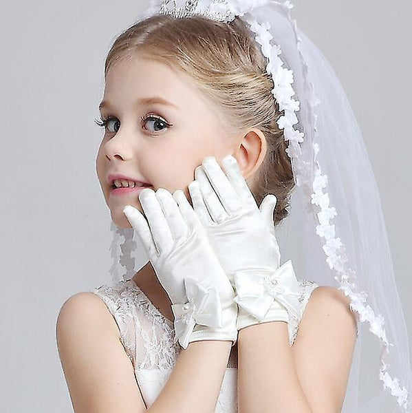 new short white Kids's satin elastic long gloves sm4904